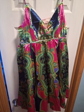 Bright Paisley Spaghetti Strap Sundress - Pink, Green, Navy